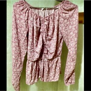 XXL Juniors Old Rose Vintage Style Ruched Front Long Sleeve Blouse Top Peplum
